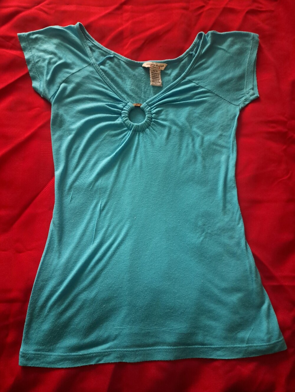 Guess Women's Teal Short-Sleeve Tee with Ring Neck Detail